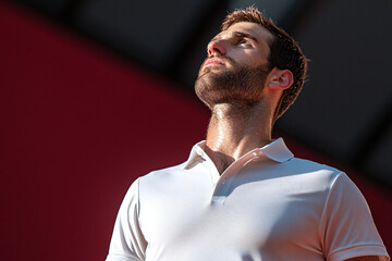 Obraz premium a caucasian male tennis player in a classic white polo shirt, serving on a clay court