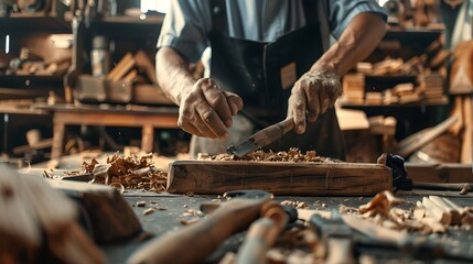 Carpenter working on wood in his carpentry workshop. Close up