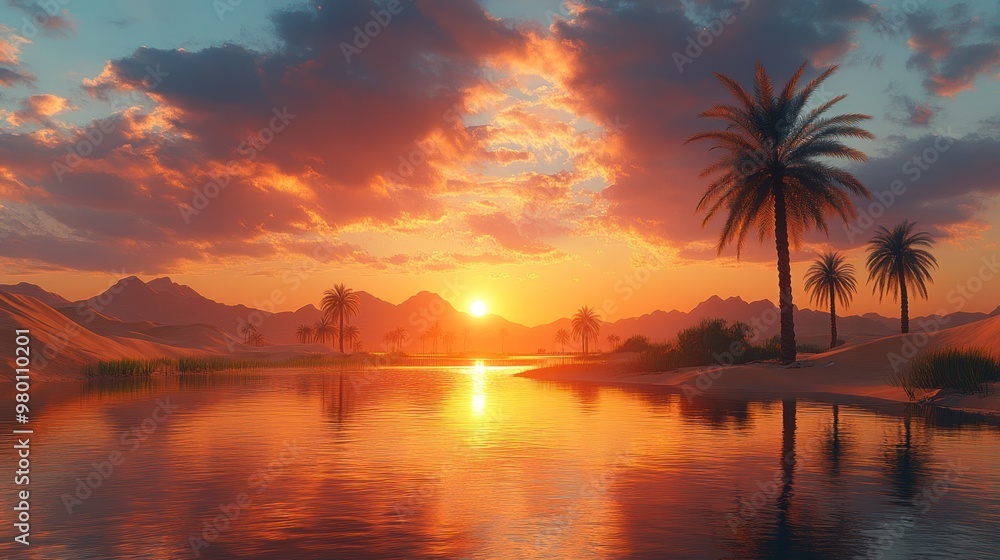 Wall mural desert oasis sunset