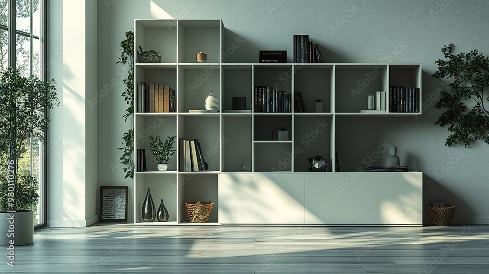 Poster a multifunctional, modular storage unit with clean lines and a minimalist design, perfect for any mo