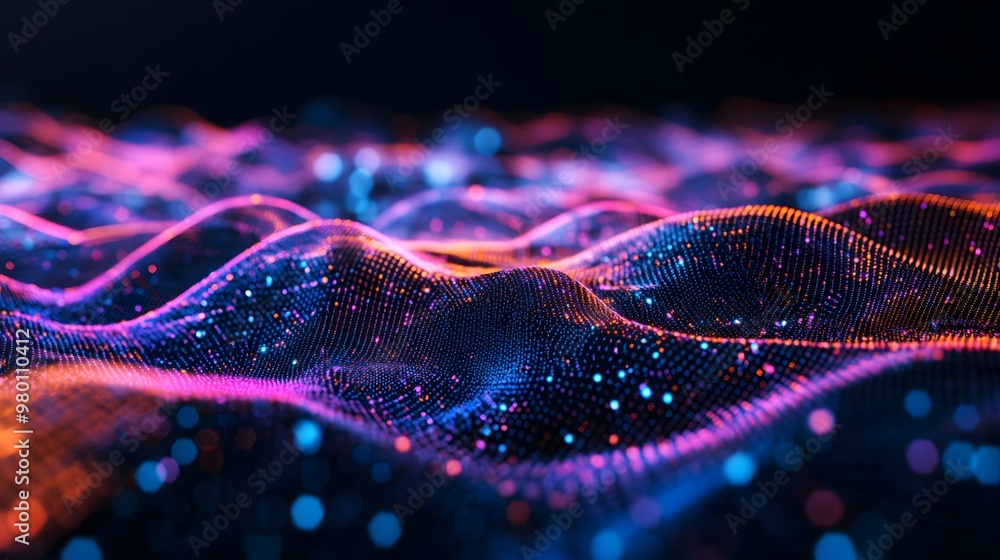 Poster abstract wavy surface with glowing dots and bokeh lights
