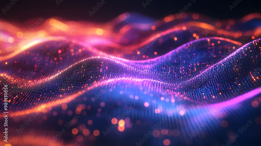 Aufkleber abstract wavy surface with glowing particles and bokeh lights