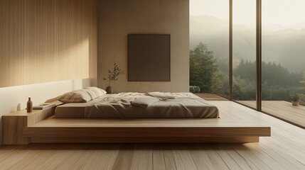 Minimalist bedroom with a large platform bed, neutral tones, and sleek storage built into the walls.