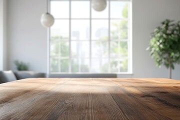 Fototapeta premium Empty table with minimalist clean living room background , ai