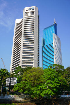 Skyscraper in the sudirman area of ​​central jakarta. The iconic BNI Bank building and Wisma 46 building. Jakarta, Indonesia.