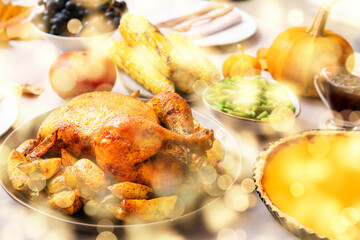 Festive table setting with tasty food for Thanksgiving Day, closeup
