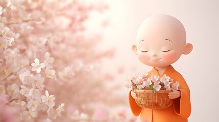 Peaceful Monk Meditating with Basket of Flowers in Blossoming Spring Garden