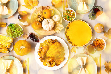 Festive table setting with tasty food for Thanksgiving Day, top view