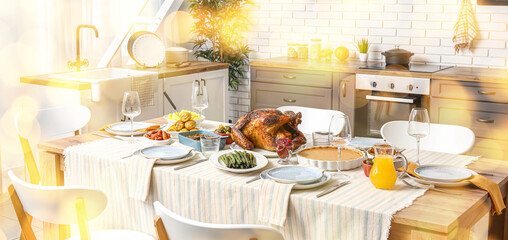 Festive dining table with tasty food for Thanksgiving Day in kitchen
