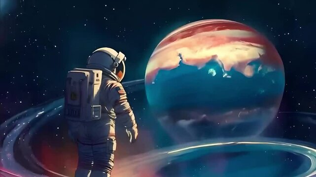 An astronaut stands on a strange rocky terrain, gazing at the magnificent rings of Saturn in the background.