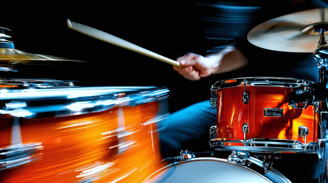 a drummer's hands and drumsticks in motion, captured with a slow shutter speed for dynamic blur