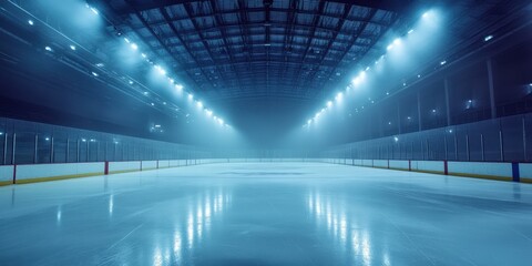 Professional Ice Hockey Rink Illuminated with Spotlights and Foggy Atmosphere
