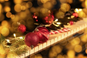 Christmas balls and decorations on piano keys, closeup