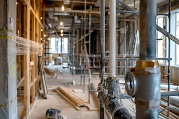 Interior of a new building under construction with pvc pipe