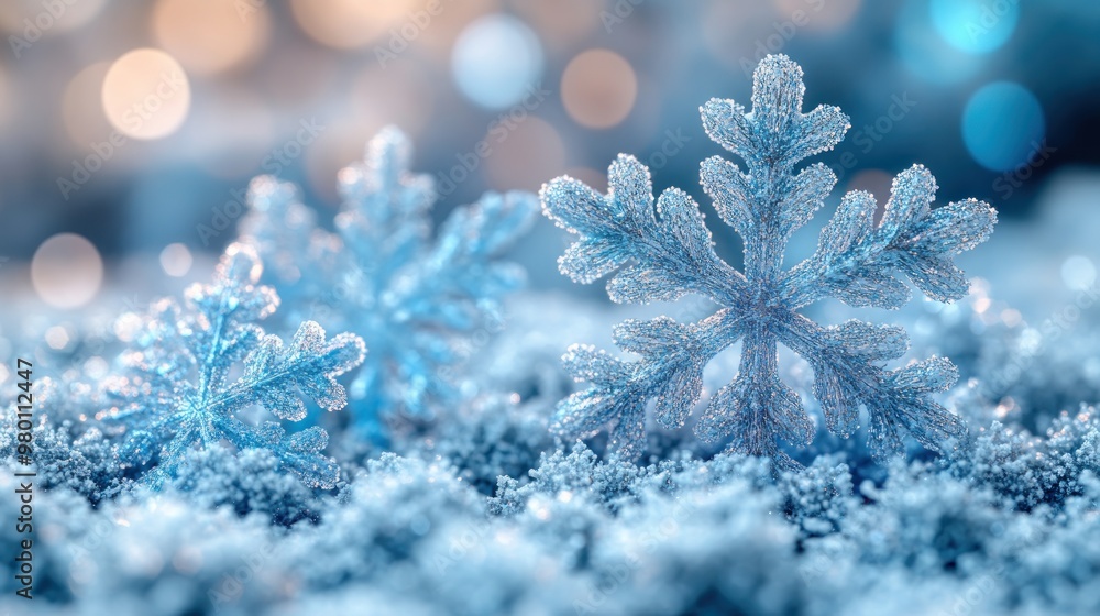 Poster macro shot of a snowflake resting in the snow