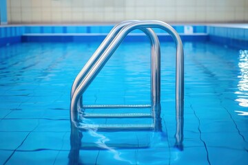 Obraz premium Swimming pool with stair and water. Swimming pool with handrail. Stainless steel ladder in pool. Grab bars ladder in the blue swimming pool, ai