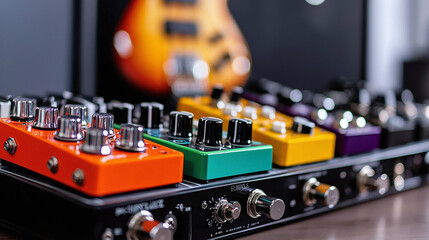 Naklejka premium a rock guitarist's pedal board, focus on the variety of effects pedals