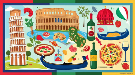 A stylized compilation of the sights of Italy. Food and buildings of Rome. Flatley and 3d icons