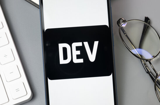 New York, USA - 30 August 2024: Dev Logo on Phone Screen, Company Icon on Display