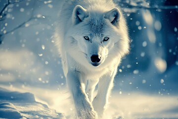 White Wolf Walking Through Snow With a Blurry Background