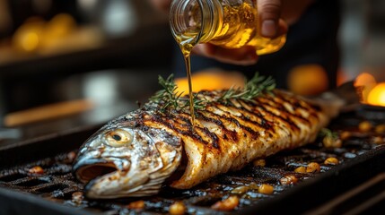 Grilled fish being drizzled with oil and garnished with herbs.