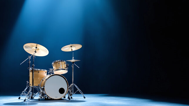 a drum kit on an empty stage, dramatically lit with a single spotlight