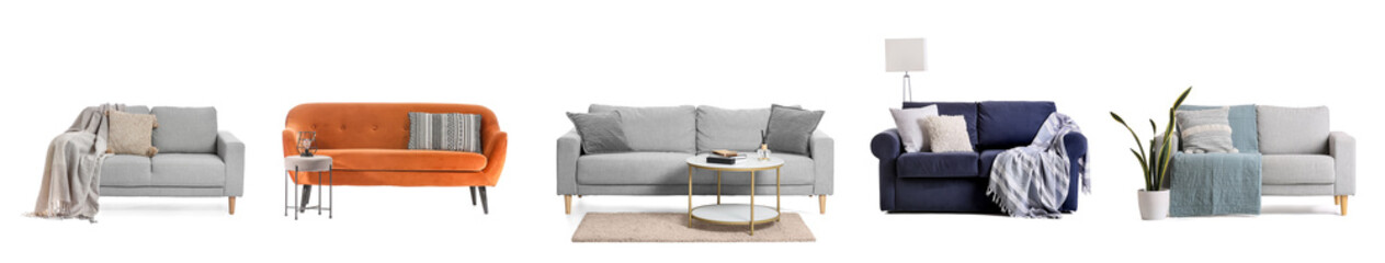 Set of modern sofas on white background