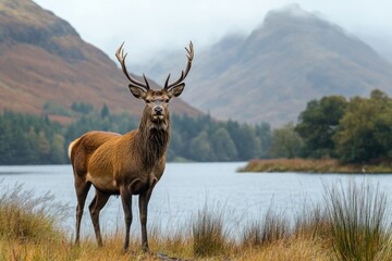 Fototapeta premium Red Deer Buck Standing by Lake