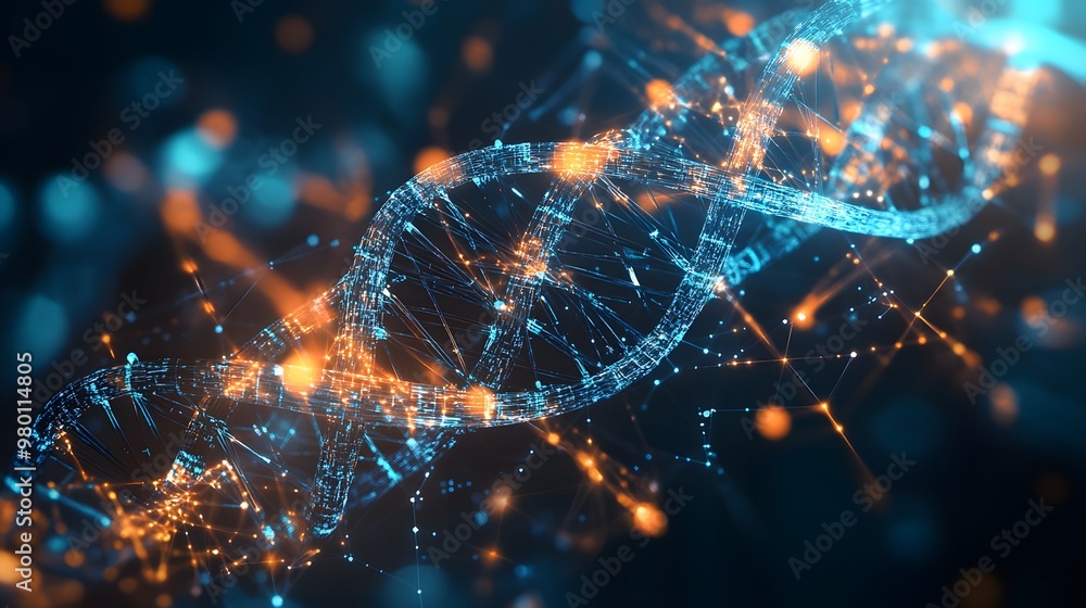 Poster abstract digital representation of a dna helix with glowing particles