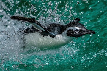 Naklejka premium A Penguin Leaping Out of the Water With a Splash