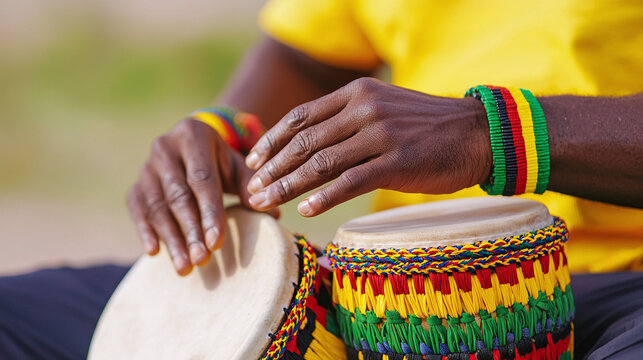 close-up of a Rastafarian's hands playing a traditional drum