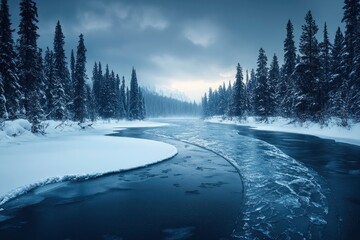 A Frozen River Winding Through a Snow-Covered Forest