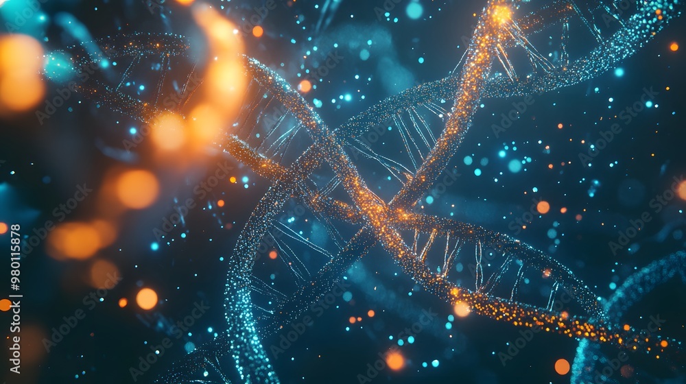 Poster abstract double helix dna structure with glowing particles