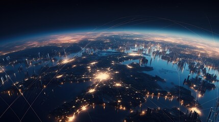 A panoramic view of the Earth's global infrastructure controlled by a massive AI system, satellites orbiting the planet, energy grids connected by glowing lines of light, smart cities operating under 