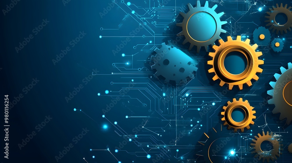 Poster interlocking gears and circuit board on blue background