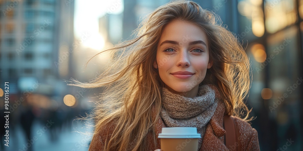 Poster Smiling Woman in City with Coffee