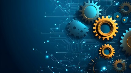 Fototapeta premium Interlocking Gears and Circuit Board on Blue Background