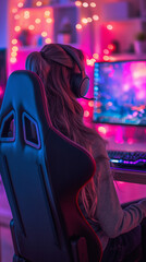 Obraz premium Gamer with headphones playing on large TV in colorful room.