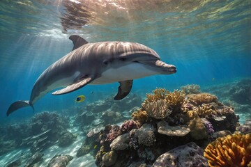 Fototapeta premium Dolphin Swimming Alongside a Coral Reef in Clear Tropical Waters
