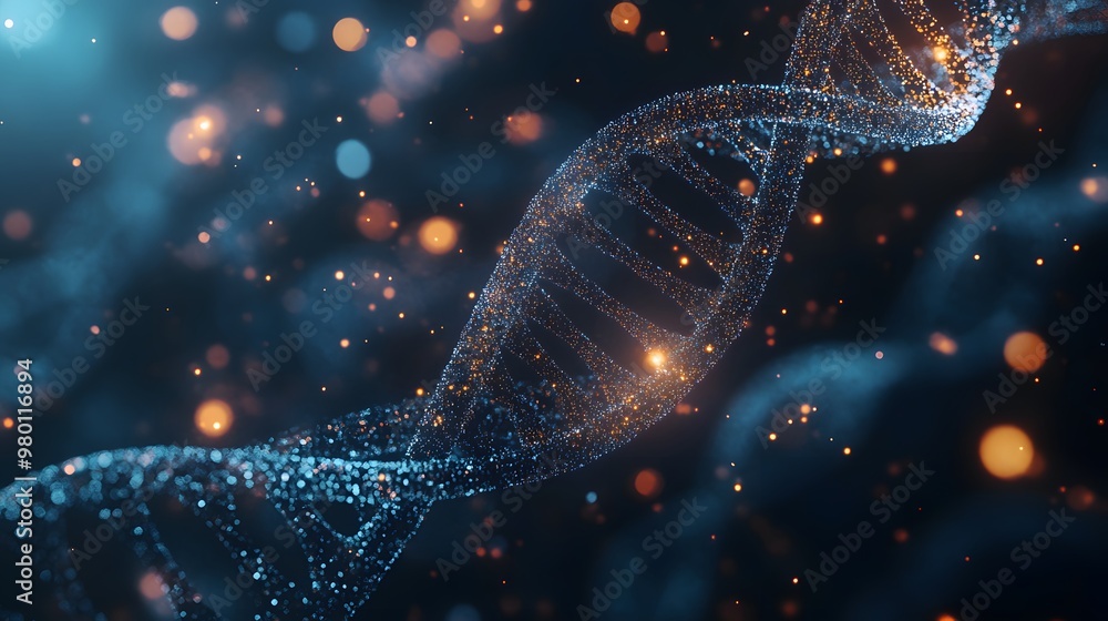 Poster a 3d render of a dna double helix composed of glowing particles