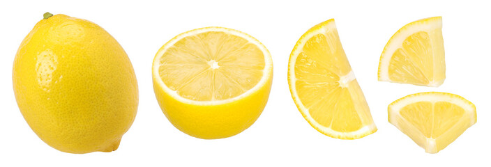 lemon fruit, slice and half isolated, Fresh and Juicy Lemon, transparent png, PNG format, cut out, collection, set