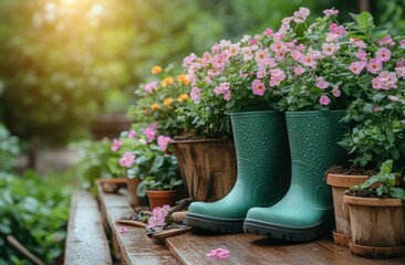 Naklejka premium Gardening Boots and Flowers