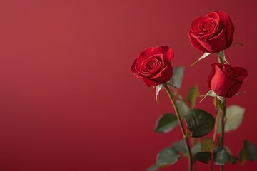 Fototapeta premium Red rose flowers on red colour background with copy space, Happy valentines day banner type image, Wedding and anniversary greeting background , ai