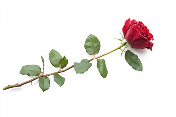 Obraz premium Red rose flower with clipping path, side view. Beautiful single red rose flower on stem with leaves isolated on white background. NaturÐµ object for design to Valentines Day, mothers day, ai