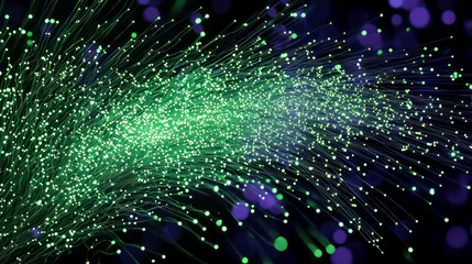 Fototapeta premium Dynamic green fiber optic lines with glowing dots. High-speed internet and communication, digital data transmission