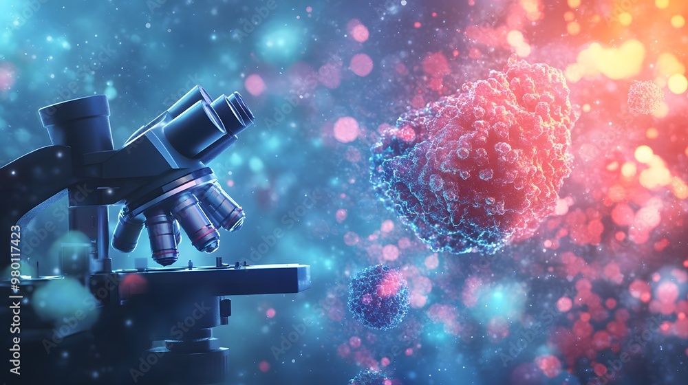 Poster a microscope focused on a cell with a blurred background