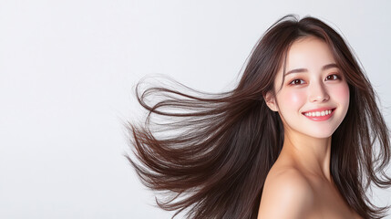 A joyful Japanese woman with flowing hair radiates happiness and confidence.