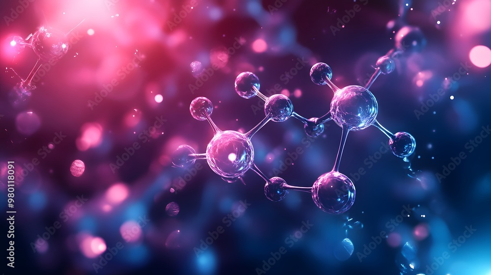 Poster molecular structure with glowing spheres and bokeh background