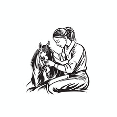 Obraz premium women caring her horse pet, horse pets vector logo