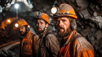 Obraz premium group of miners watching the camera in a mine